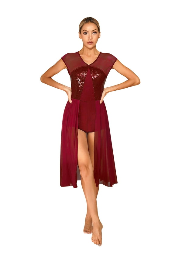 Womens Chiffon Lyrical Contemporary Dance Dress Sequins Flowing Ballet Dance Wear Burgundy M