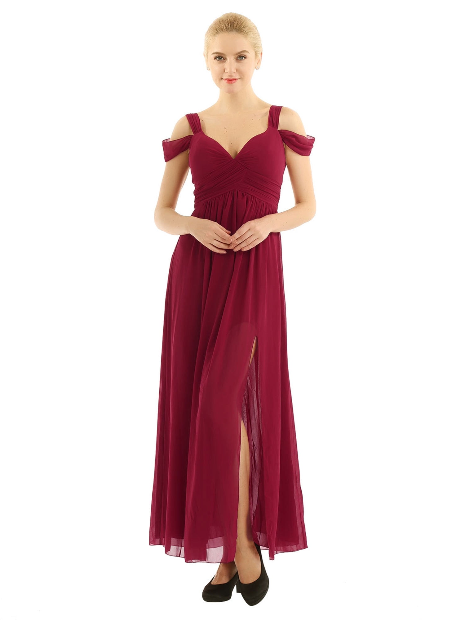 white christmas dresses A Line Chiffon Off The Shoulder Wedding Guest Dresses with Slit main image 0