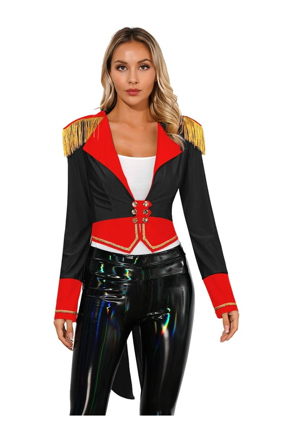 Womens Circus Ringmaster Costume Long Sleeve Deep V Neck Tailcoat for Halloween Christmas Black S