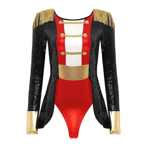 YiZYiF Womens Circus Ringmaster Long Sleeve Allover Sequin Bodysuit Tassel Leotard Halloween Costume Black-A S