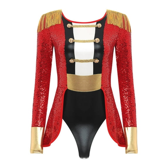 YiZYiF Womens Circus Ringmaster Long Sleeve Allover Sequin Bodysuit Tassel Leotard Halloween Costume Red-A XL