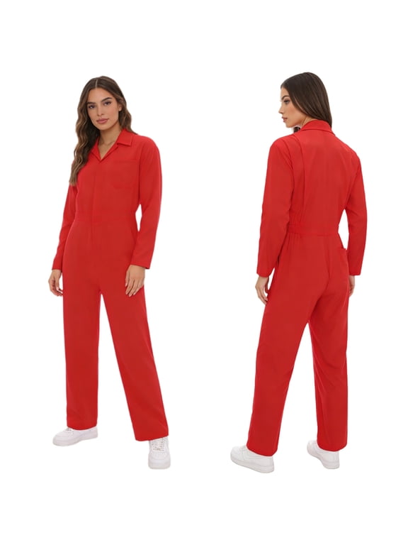 Womens Coveralls Stretchy Long Sleeves Work Jumpsuit Overalls Casual Comfy Classic Workwear Uniforms Red S