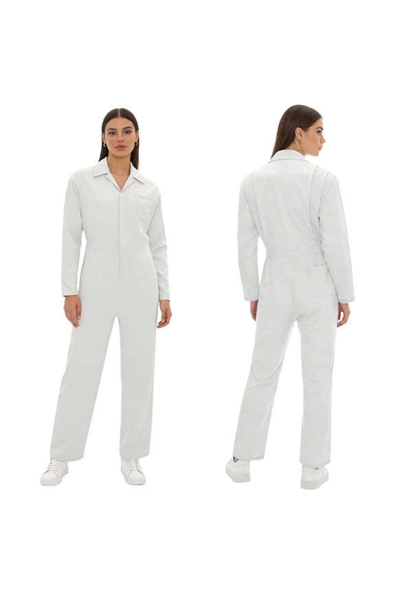 Womens Coveralls Stretchy Long Sleeves Work Jumpsuit Overalls Casual Comfy Classic Workwear Uniforms White 3XL