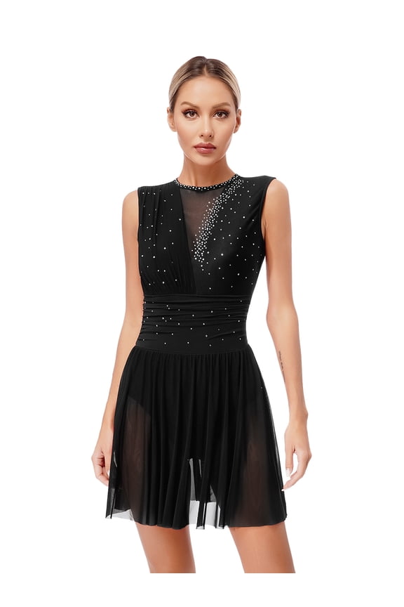 Womens Glittery Rhinestone Figure Skating Dress Sheer Mesh Patchwork Backless Modern Lyrical Dance Dress Black-A S