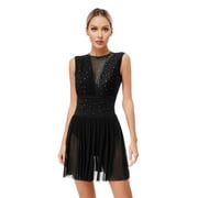 YiZYiF Womens Glittery Rhinestone Figure Skating Dress Sheer Mesh Patchwork Backless Modern Lyrical Dance Dress Black-A S