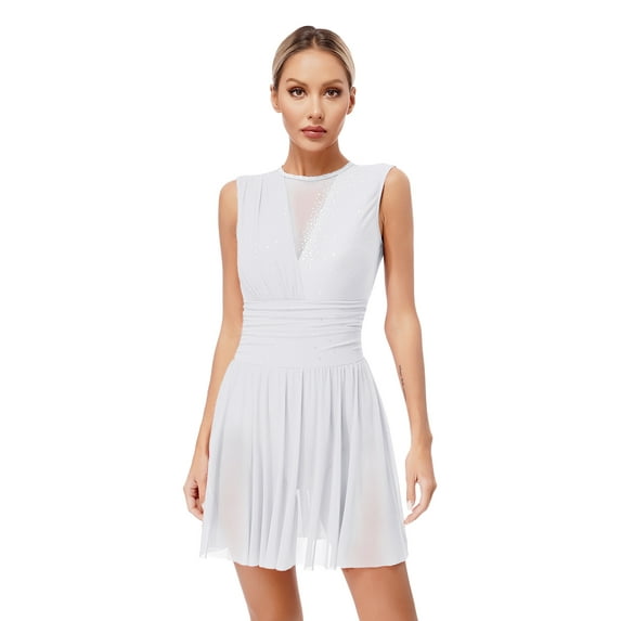 YiZYiF Womens Glittery Rhinestone Figure Skating Dress Sheer Mesh Patchwork Backless Modern Lyrical Dance Dress White-A L