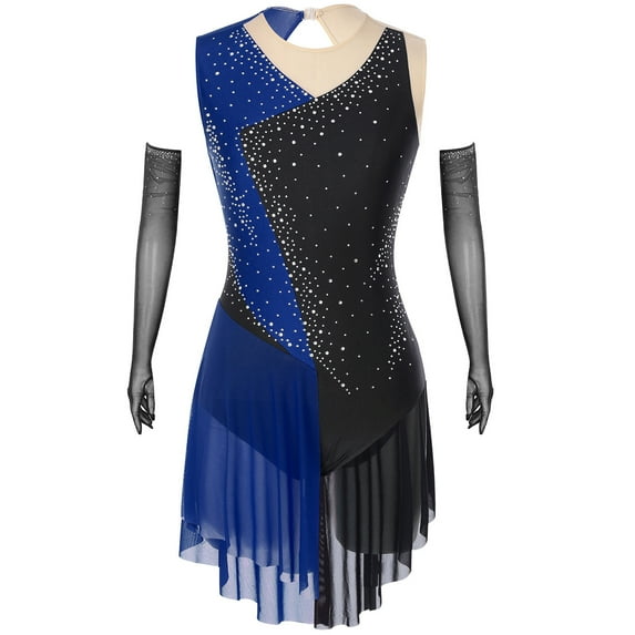 YiZYiF Womens Glittery Rhinestone Figure Skating Dress with Mesh Gloves Modern Lyrical Dance Costume Blue L