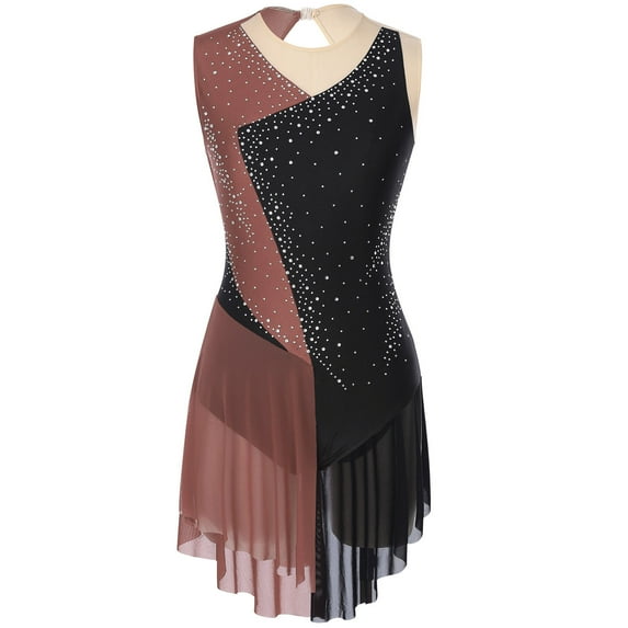 YiZYiF Womens Glittery Rhinestone Figure Skating Dress with Mesh Gloves Modern Lyrical Dance Costume Dusty Pink-A S