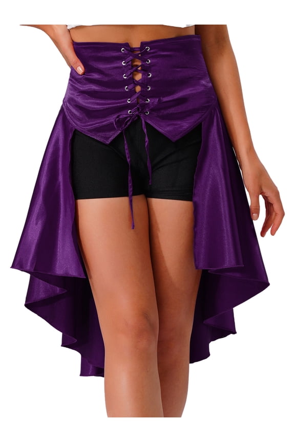 Womens Gothic Medieval Steampunk Satiny Pirate Skirt Lace-up Tiered Ruffled High Low Skirts Purple XXL