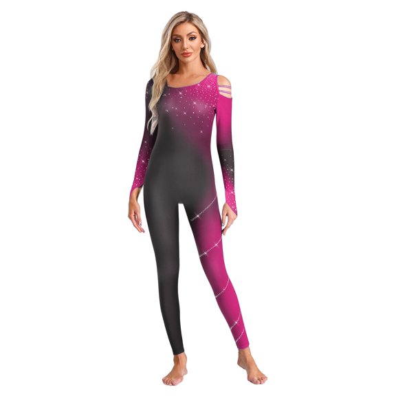 YiZYiF Womens Gradient Color Block Rhinestone Unitard Long Sleeve Skating Dance Gymnastics Jumpsuit Rose Red XXL