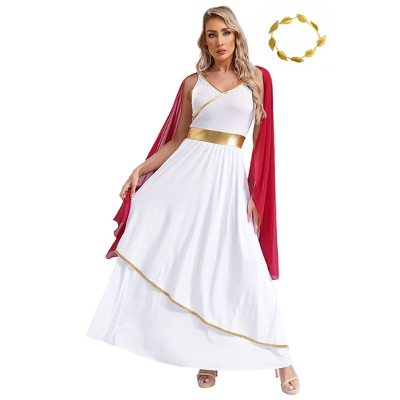 YiZYiF Womens Greek Goddness Costume Ancient Greece Queen Gold Trim Toga Dress for Halloween Cosplay Burgundy-A 3XL