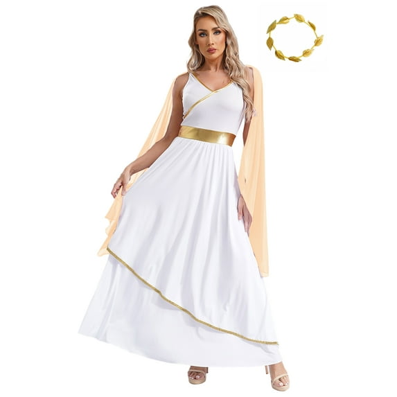 YiZYiF Womens Greek Goddness Costume Ancient Greece Queen Gold Trim Toga Dress for Halloween Cosplay Champagne-A S