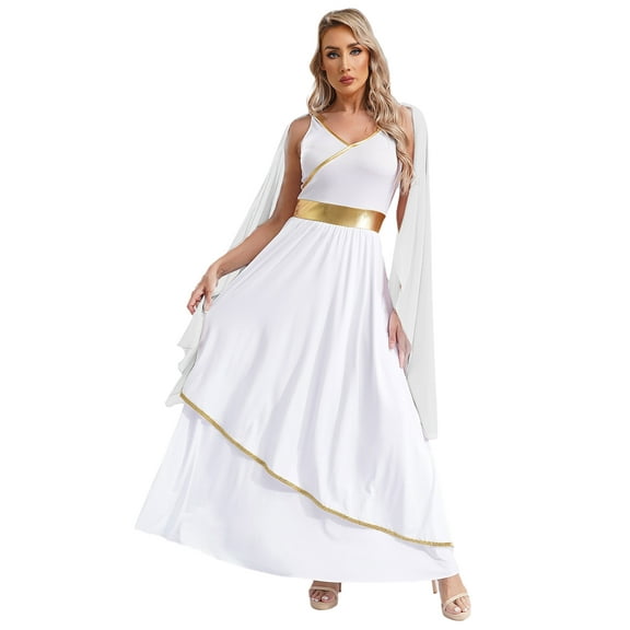 YiZYiF Womens Greek Goddness Costume Ancient Greece Queen Gold Trim Toga Dress for Halloween Cosplay White S