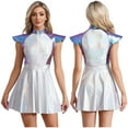 thumbnail image 1 of YiZYiF Womens Halloween Alien Cosplay Costume Metallic Shiny Cap Sleeve A-line Dress Rave Outfits Blue 3XL, 1 of 7