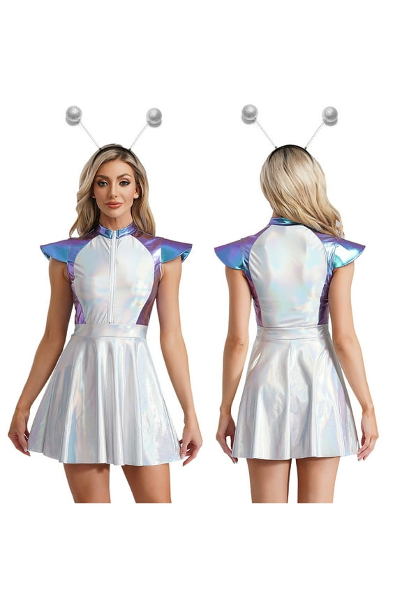 Womens Halloween Alien Cosplay Costume Metallic Shiny Cap Sleeve A-line Dress Rave Outfits Blue-A M