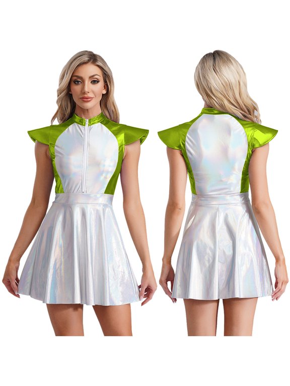 Womens Halloween Alien Cosplay Costume Metallic Shiny Cap Sleeve A-line Dress Rave Outfits Green XL