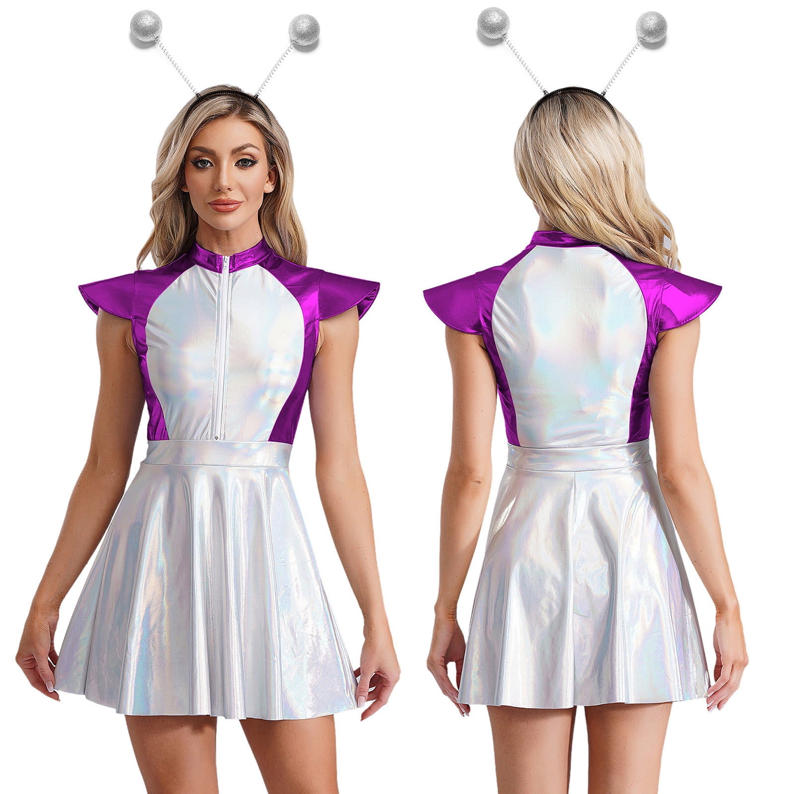 YiZYiF Womens Halloween Alien Cosplay Costume Metallic Shiny Cap Sleeve ...