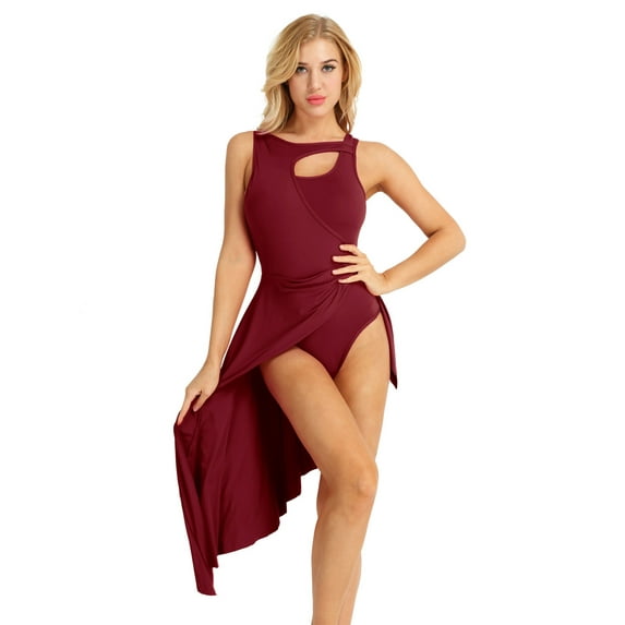 YiZYiF Womens High Low Lyrical Ballet Dance Leotard Dress for Stage Performance Burgundy S