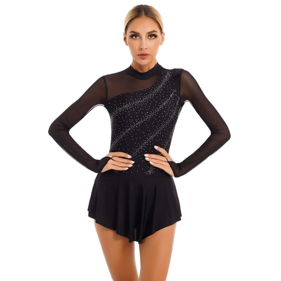 YiZYiF Womens Ice Skating Outfit Modern Lyrical Dance Costume Glittery Rhinestone Sheer Mesh Patchwork Dress Black-A M