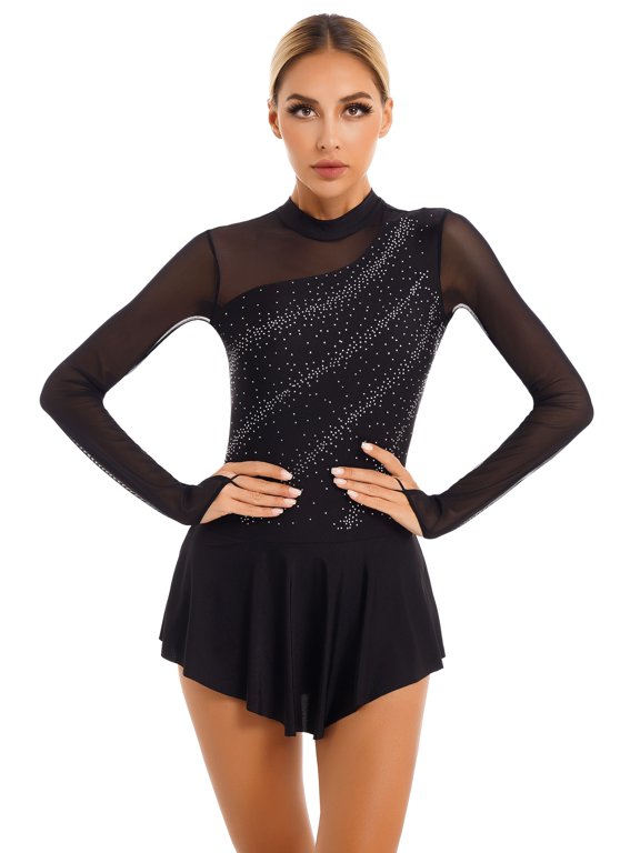 Womens Ice Skating Outfit Modern Lyrical Dance Costume Glittery Rhinestone Sheer Mesh Patchwork Dress Black-A S