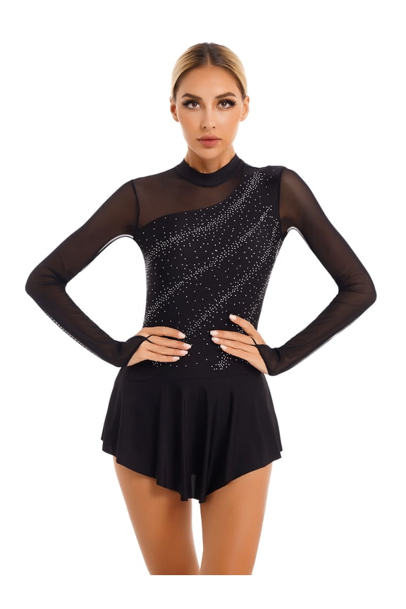 Womens Ice Skating Outfit Modern Lyrical Dance Costume Glittery Rhinestone Sheer Mesh Patchwork Dress Black-A S