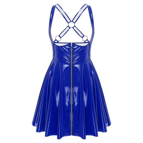 YiZYiF Womens Latex Leather Sleeveless Mini Dresses Wet Look Glossy A-line Club Dress for Halloween Blue M