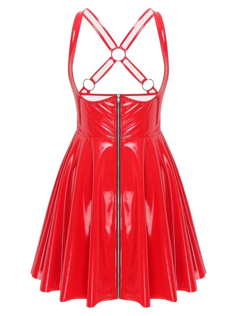 YiZYiF Womens Latex Leather Sleeveless Mini Dresses Wet Look - Main Image