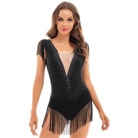 YiZYiF Womens Latin Dance Costume Figure Skating Bodysuit Shiny Rhinestone Tassel Skirted Leotard Cha-Cha Samba Dancewear Black L