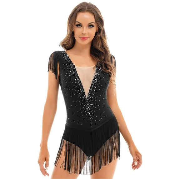 YiZYiF Womens Latin Dance Costume Figure Skating Bodysuit Shiny Rhinestone Tassel Skirted Leotard Cha-Cha Samba Dancewear Black XXL