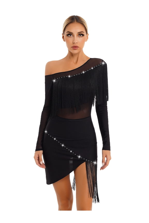 Womens Latin Dance Dress Rhinestone Tassels Tango Cha Cha Dance Costume