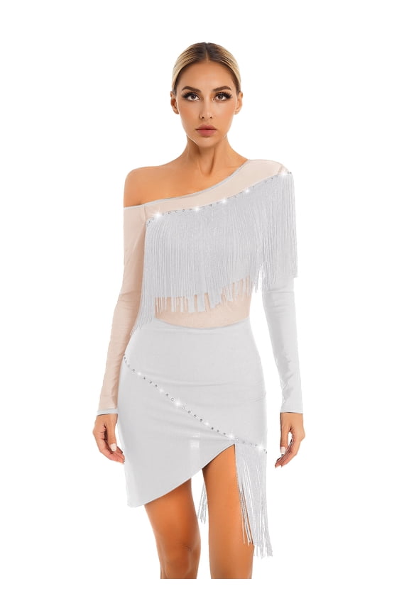 Womens Latin Dance Dress Rhinestone Tassels Tango Cha Cha Dance Costume