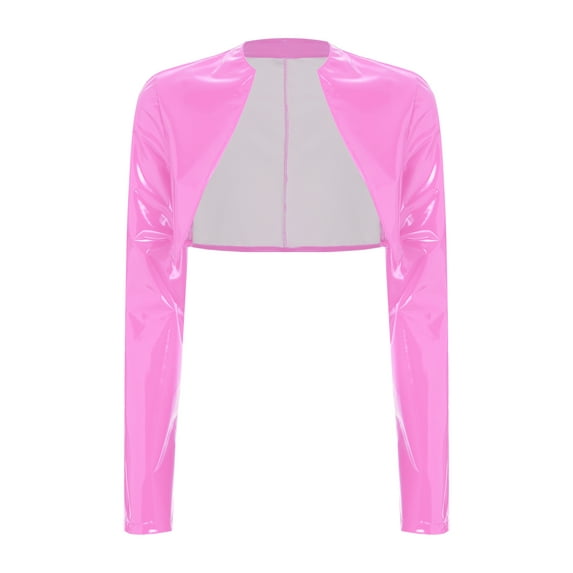 YiZYiF Womens Leather Wetlook Cropped Jacket Open Front Long Sleeve PU Coat Moto Biker Bolero Blazer Pink 3XL