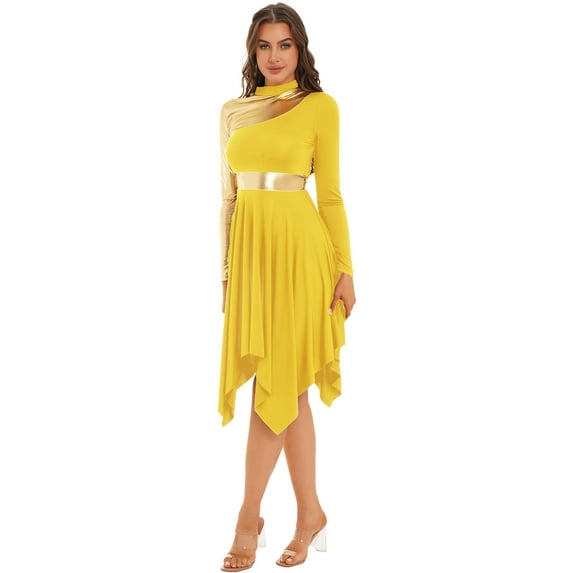 YiZYiF Womens Long Sleeve Praise Liturgical Dancewear Tunic Asymmetric Hem Lyrical Dance Dress