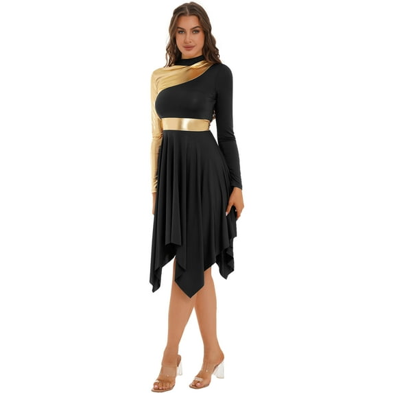 YiZYiF Womens Long Sleeve Praise Liturgical Dancewear Tunic Asymmetric Hem Lyrical Dance Dress