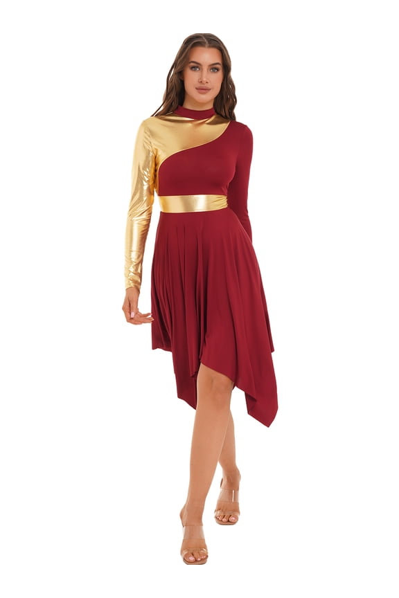Womens Long Sleeve Praise Liturgical Dancewear Tunic Asymmetric Hem Lyrical Dance Dress