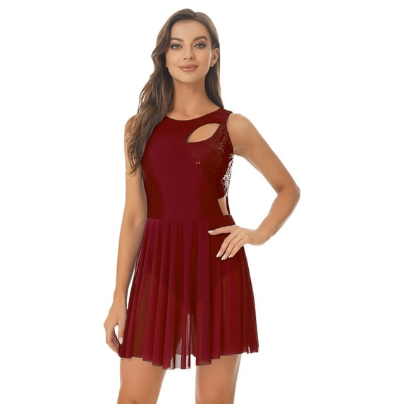 YiZYiF Womens Lyrical Dance Costume Sequins High-Low Skirted Leotard Contemporary Dance Dress A Burgundy L