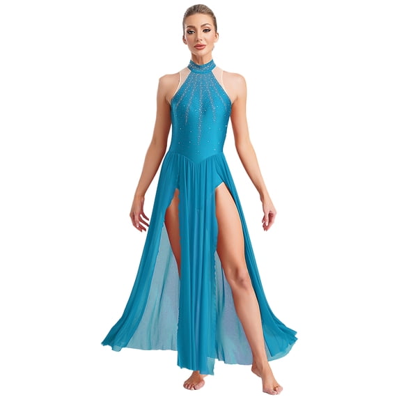 YiZYiF Womens Lyrical Dance Costumes Rhinestone Modern Contemporary Dance Dress Flowy Tulle Split Maxi Skirt Light Blue XXL