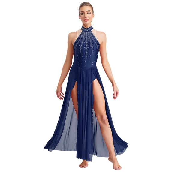 YiZYiF Womens Lyrical Dance Costumes Rhinestone Modern Contemporary Dance Dress Flowy Tulle Split Maxi Skirt Navy Blue L