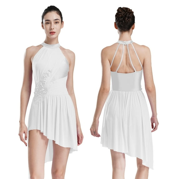 YiZYiF Womens Lyrical Dance Dress Halter Sleeveless Irregular Tulle Skirt Leotard Applique Dancewear Ivory M