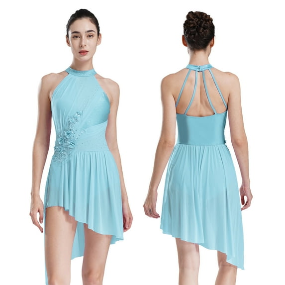 YiZYiF Womens Lyrical Dance Dress Halter Sleeveless Irregular Tulle Skirt Leotard Applique Dancewear Light Blue XL