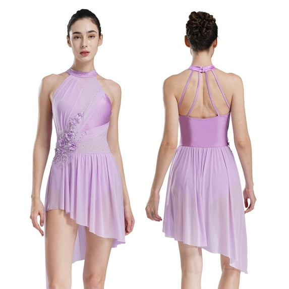 YiZYiF Womens Lyrical Dance Dress Halter Sleeveless Irregular Tulle Skirt Leotard Applique Dancewear Light Purple S