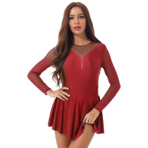 YiZYiF Womens Mesh Patchwork Ballet Dance Dress Shiny Rhinestone Gymnastics Leotard Dress Costume