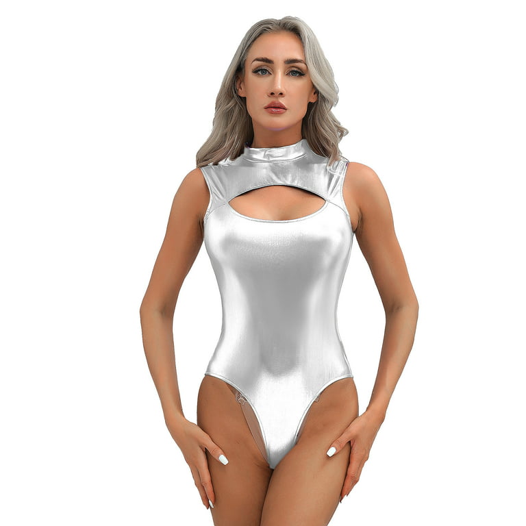 YiZYiF Womens Metallic Front Cutout Bodysuit Mock Neck High Cut Catsuit  Clubwear Rave Party Outfit Silver XL 