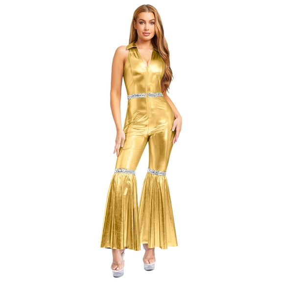 YiZYiF Womens Metallic Shiny 70s 80s Disco Outfit V neck Sleeveless Bell Bottom Dance Jumpsuit Gold M