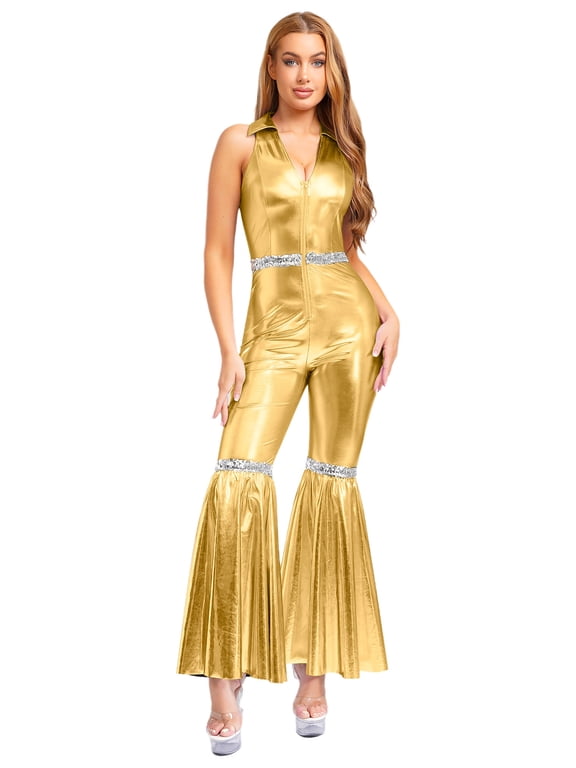 Womens Metallic Shiny 70s 80s Disco Outfit V neck Sleeveless Bell Bottom Dance Jumpsuit Gold M