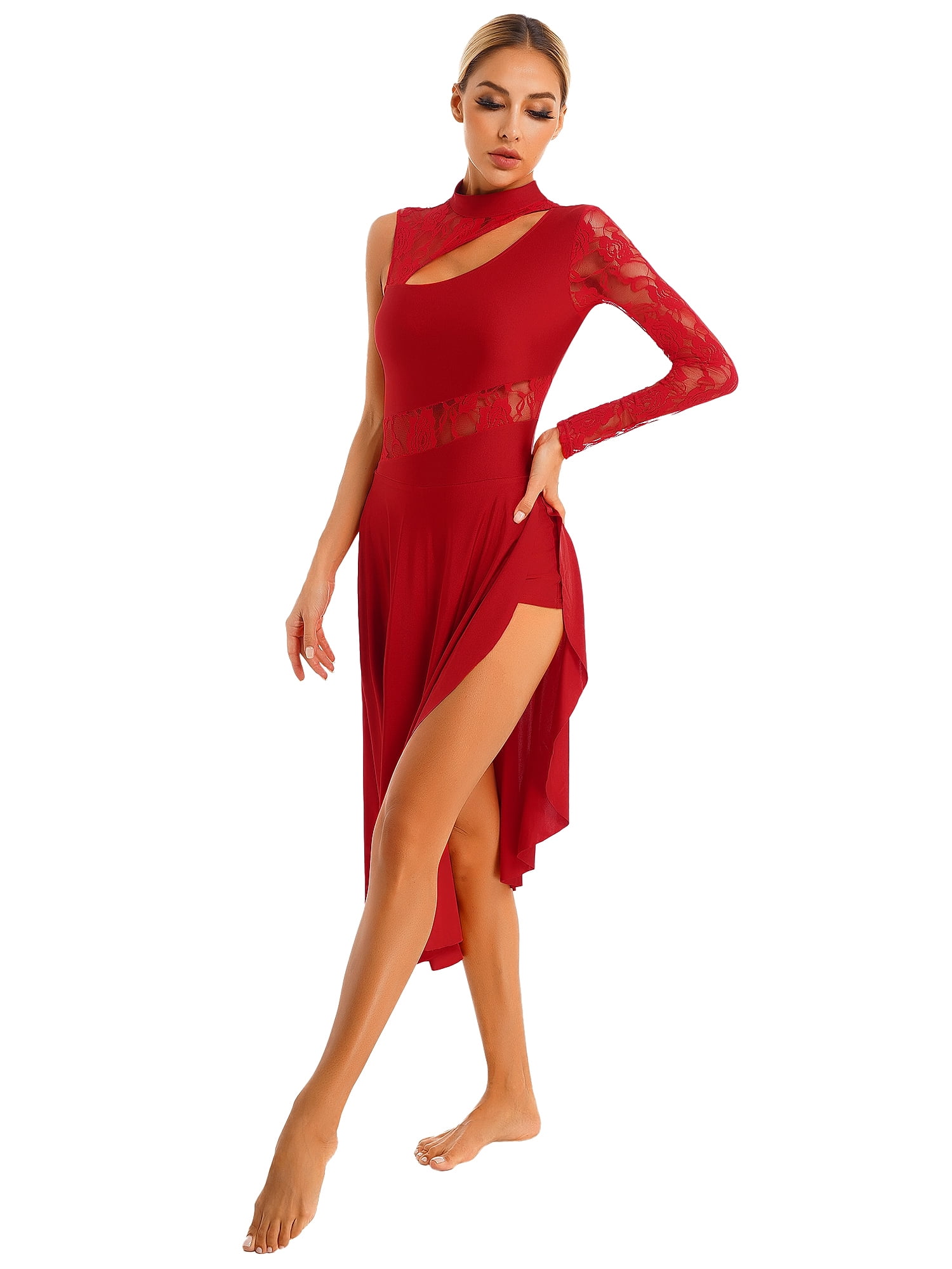 YiZYiF Womens Modern Lyrical Dance Dress Waltz Costume One Shoulder Long  Sleeve Sheer Lace Leotard Dress - Walmart.com