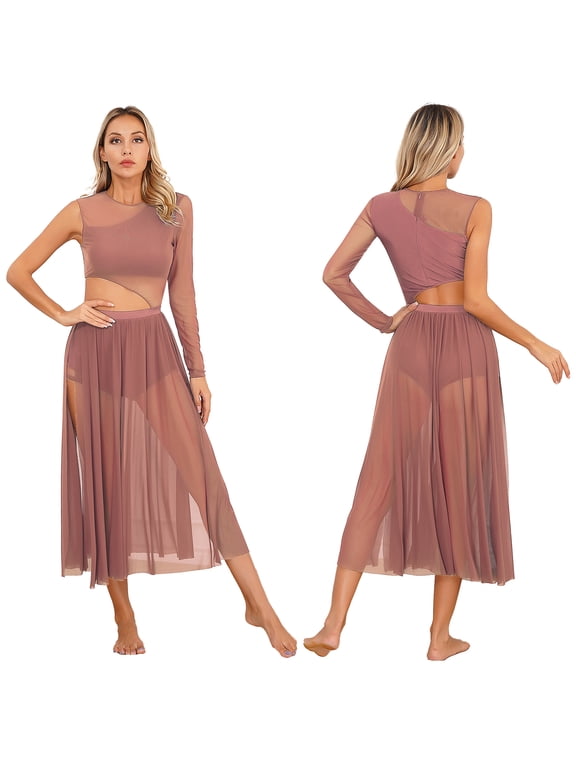 Womens One Sleeve Modern Lyrical Dance Mesh Dress Side Split Ballet Gymnastics Leotard Dress Dusty Pink S
