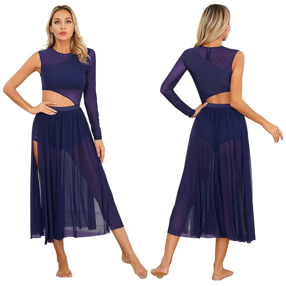 YiZYiF Womens One Sleeve Modern Lyrical Dance Mesh Dress Side Split Ballet Gymnastics Leotard Dress Navy Blue S