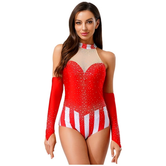 YiZYiF Womens Rhinestone Striped Circus Gymnastics Leotard with Gloves Halloween Ringmaster Costume Red XL