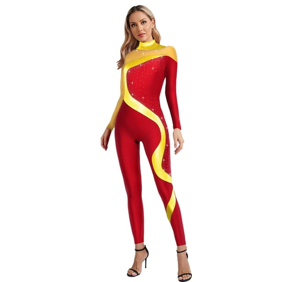 YiZYiF Womens Rhinestone Unitard One Piece Dance Bodysuit Gymnastics Leotard Figure Skating Jumpsuit Burgundy L